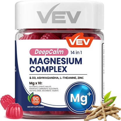 Deep Calm Magnesium Complex14-In-1 Gummies – with Ashwagandha, L-Theanine, Vitamin D3 & Zinc – Magnesium Complex for Women and Men – No Added Sugar Vegan Magnesium Glycinate – 90 Gummies