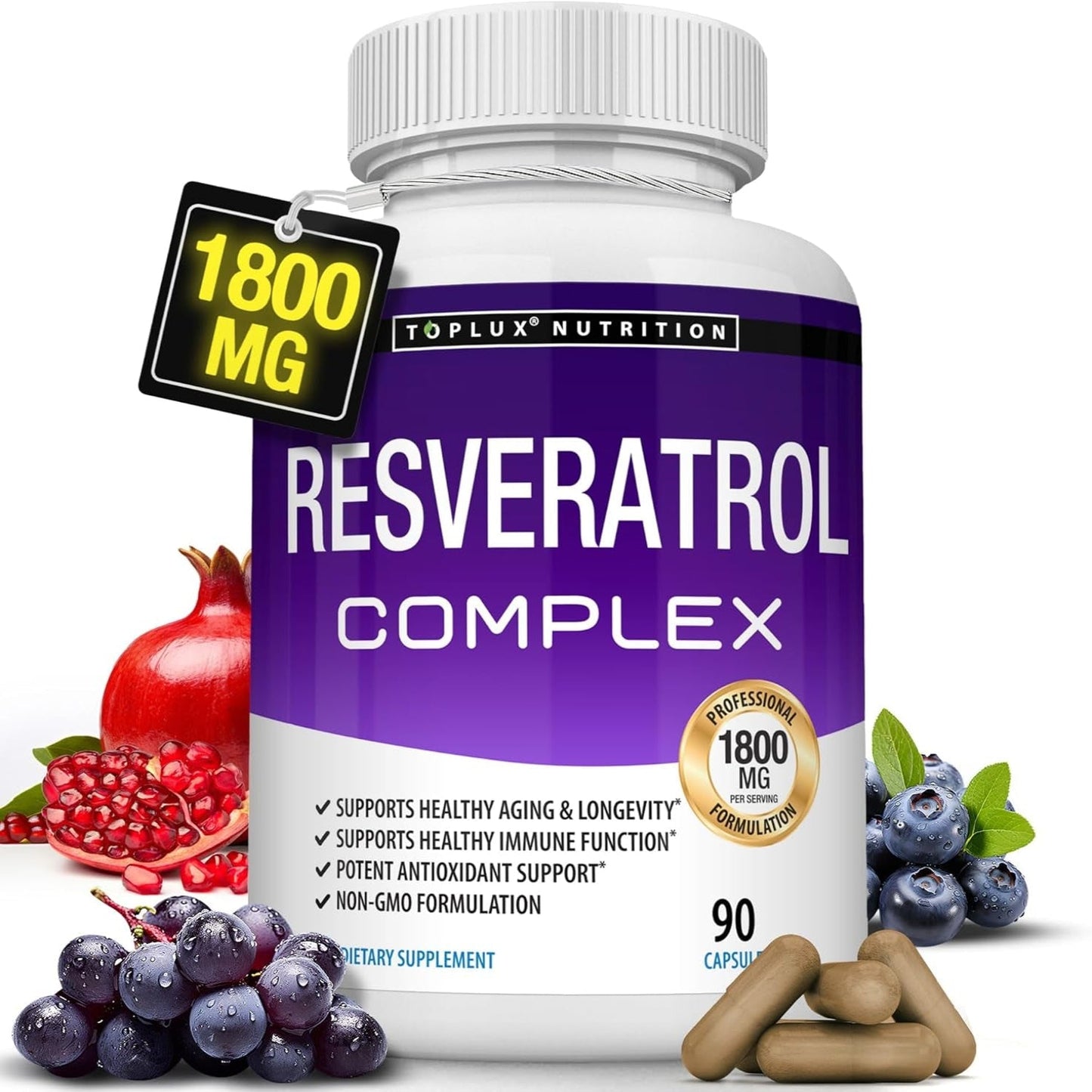 Resveratrol Supplement 1800 Mg Antioxidant Complex - Highly Potent Natural Trans-Resveratrol Pills for Healthy Aging, Overall Health Support, Immune System, Brain Function, for Men Women, 90 Capsules